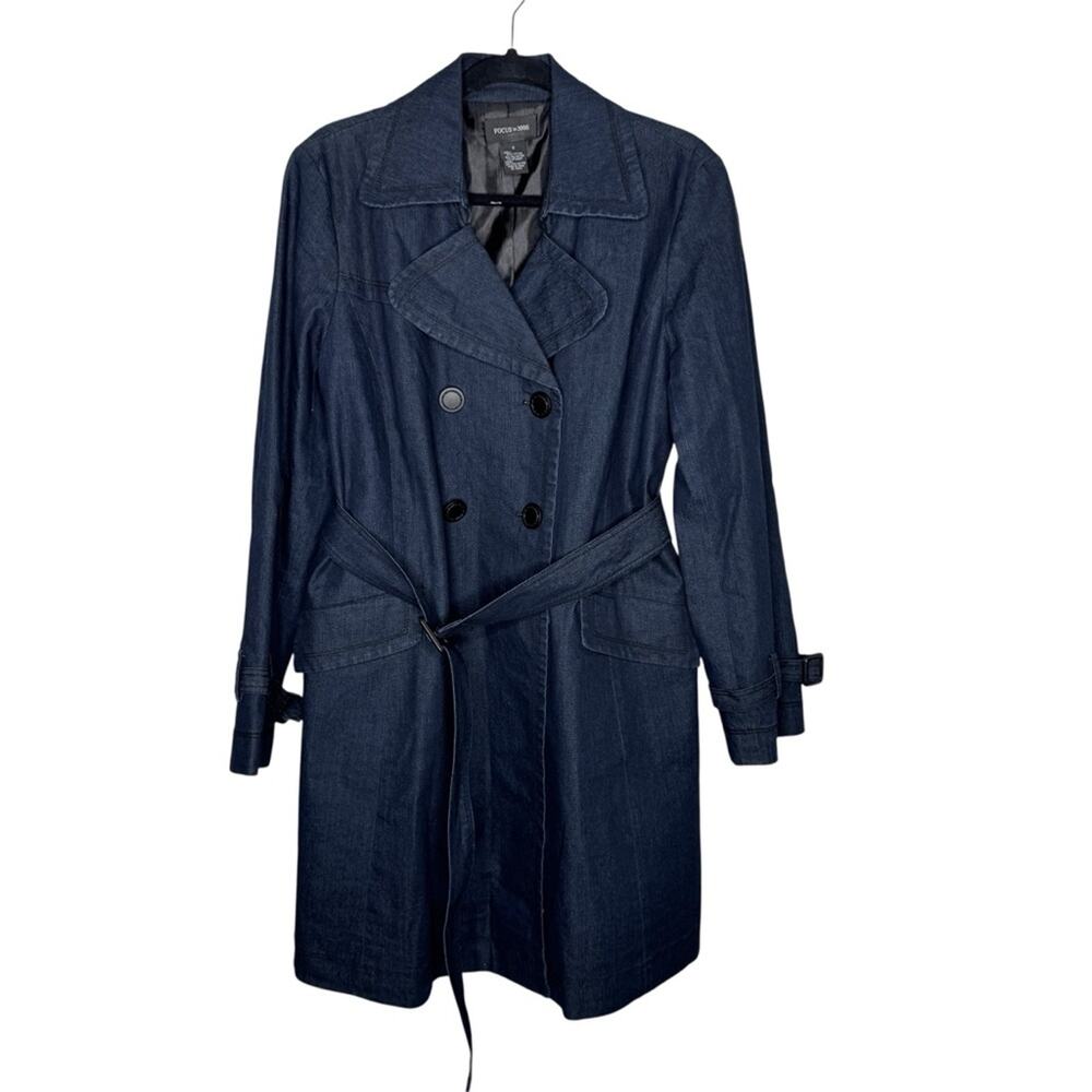 FOCUS 2000 / vintage y2k 90s dark wash denim jean belted trench coat / 12